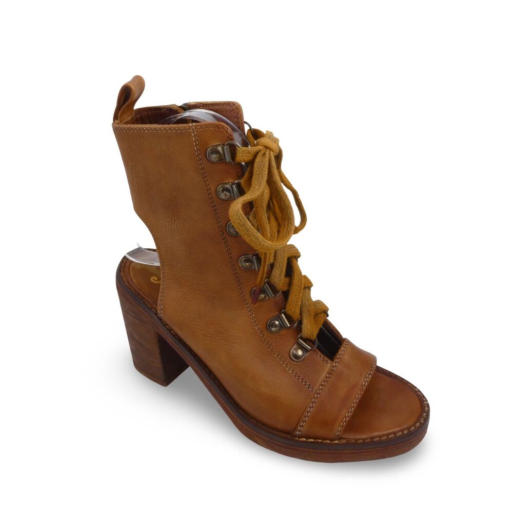 Vintage Free People Women's US 6 EU 36 Mid-Top Leather Tan Lace Up Zip READ